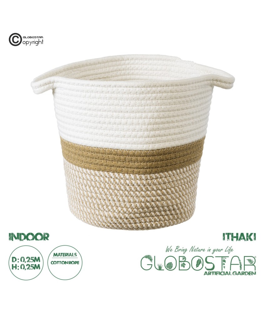 GloboStar® Artificial Garden ITHAKI 20324 Διακοσμητικό Πλεκτό Καλάθι - Κασπώ Γλάστρα - Flower Pot Καφέ με Λευκό Φ25cm x Υ25cm